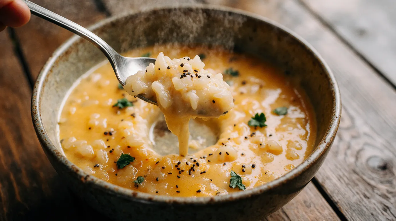 Close up of a spoon lifting a serving of the perfect Cheesy Rice Recipe from a rustic bowl, showing a creamy cheddar sauce texture, steam rising, and fresh parsley garnish.