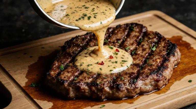 Perfect Cowboy Butter Recipe sauce being poured over a grilled ribeye steak, showing a creamy, golden emulsion with garlic and herbs.