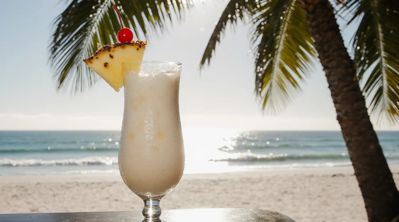 A frosty glass of the perfect Virgin Pina Colada Recipe, featuring a creamy pineapple-coconut drink garnished with fresh pineapple and a cherry against a tropical beach backdrop.