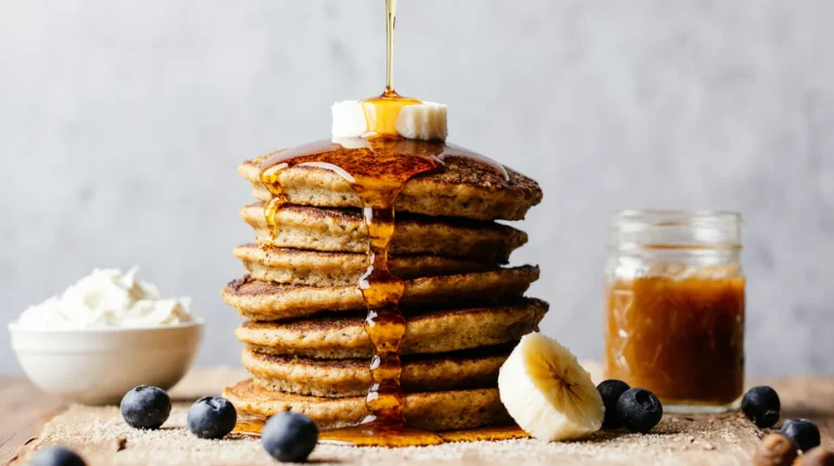 Fluffy stack of Kodiak protein pancakes recipe with maple syrup, blueberries, and banana