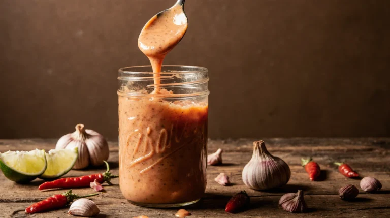 Creamy homemade Boom Boom Sauce in a jar with dipping spoon and fresh ingredients