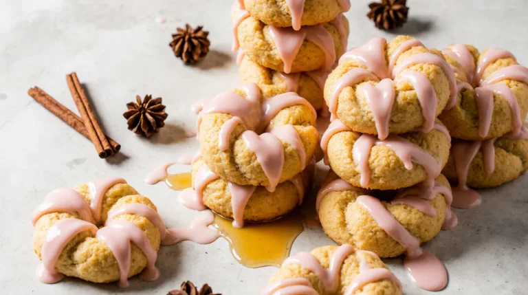 Fresh homemade honey jumble recipe showing soft knotted biscuits with pink and white icing
