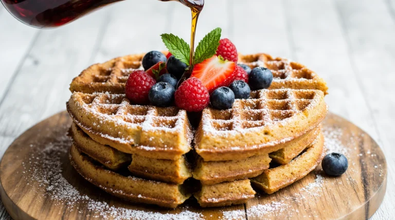 The best gluten free waffle recipe showing a golden brown waffle with fresh berries and maple syrup