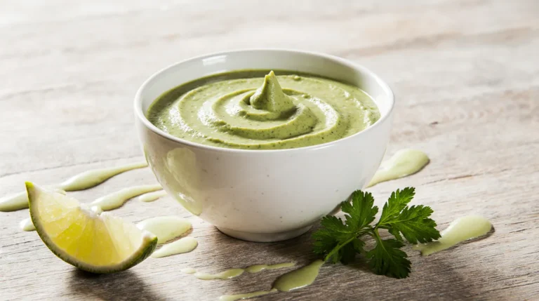 Ultimate avocado crema recipe in a white bowl with lime and cilantro