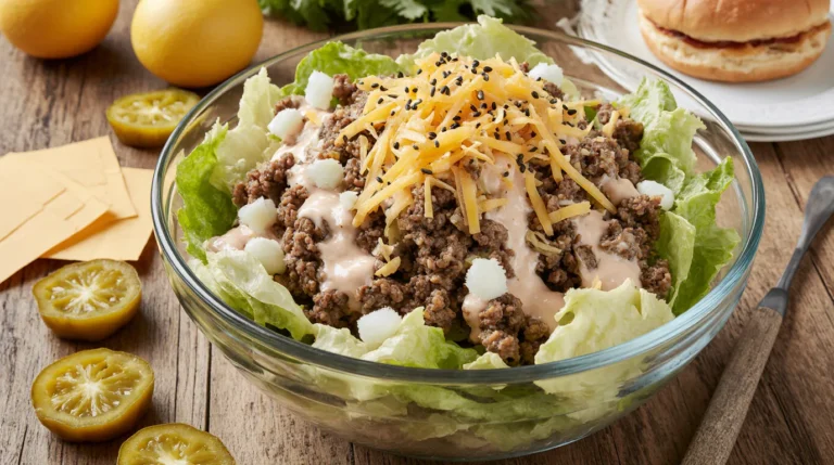 Big Mac Salad bowl with ground beef, lettuce, cheese, pickles, and special sauce
