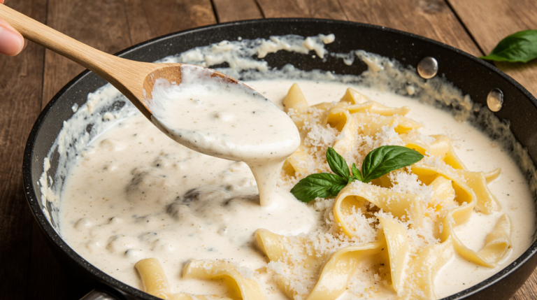 Creamy, homemade alfredo sauce recipe with cream cheese coating fettuccine pasta in a skillet, garnished with fresh parsley.