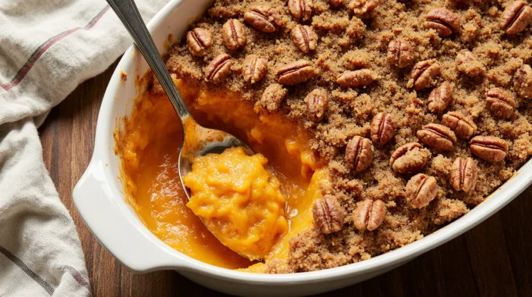 Freshly baked Ruth Chris Sweet Potato Casserole Recipe in a ceramic dish with a crunchy pecan crust and creamy sweet potato base.