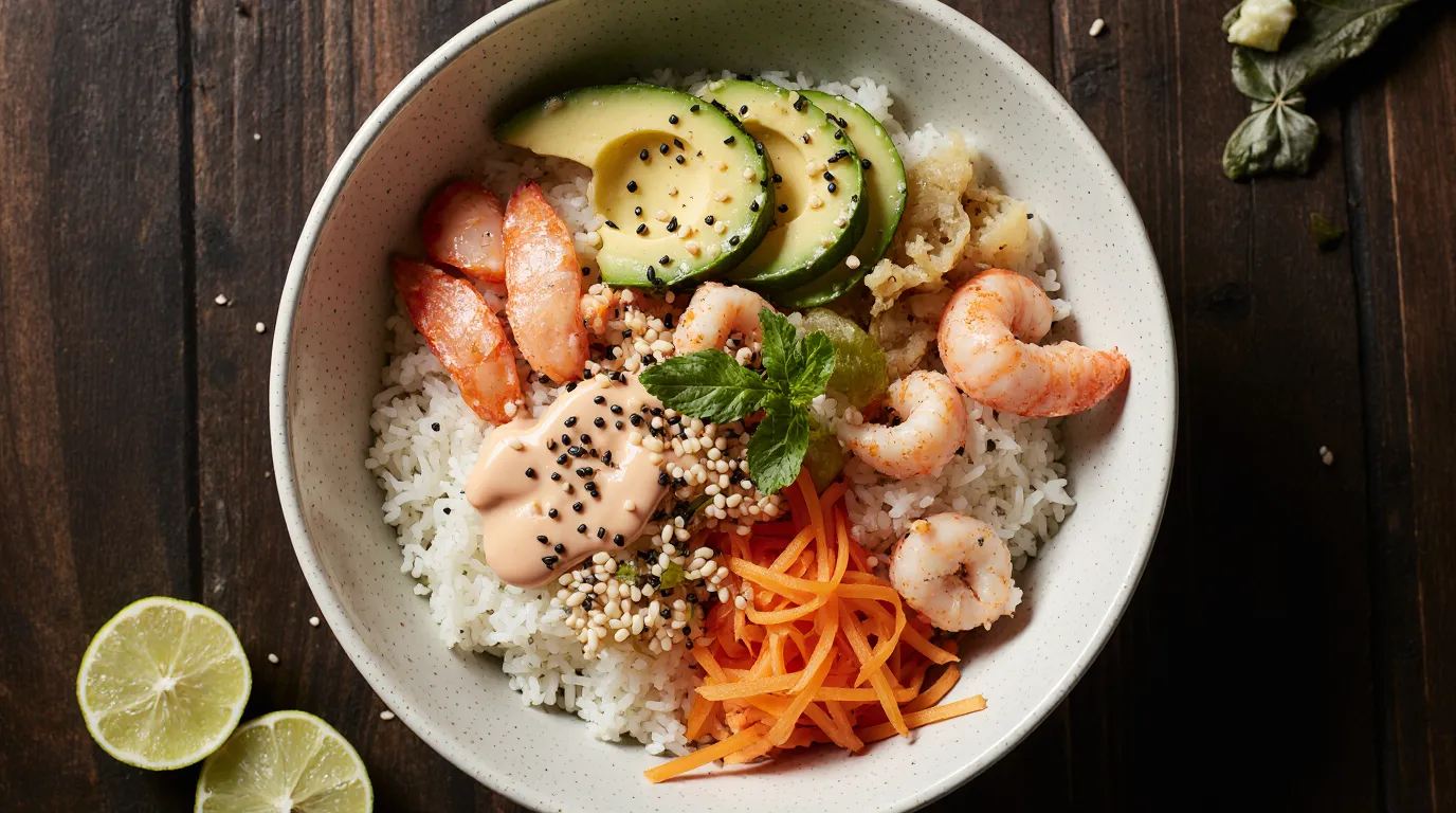 Ultimate sushi bowl recipe with imitation crab, avocado, and spicy mayo in a ceramic bowl