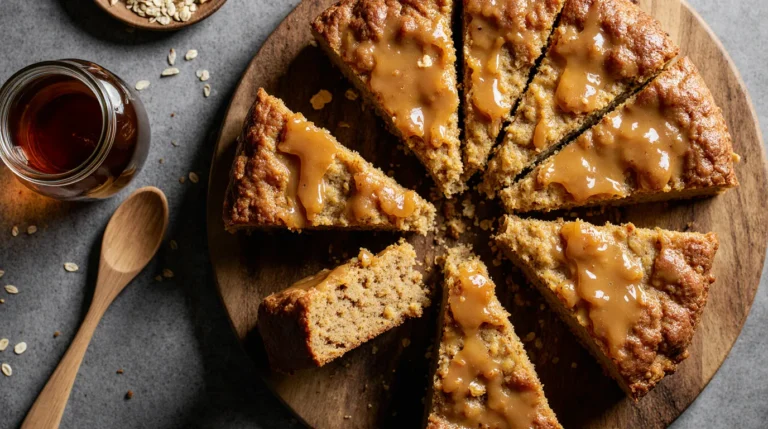 perfect anzac slice recipe showing chewy interior with oats and coconut on wooden board