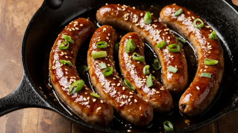 Freshly cooked honey garlic sausage recipe glistening with sticky glaze in a cast iron skillet, garnished with green onions.