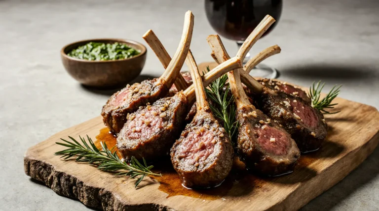 Gourmet platter of perfectly seared lamb lollipops with rosemary, thyme, and a side of mint chimichurri sauce.