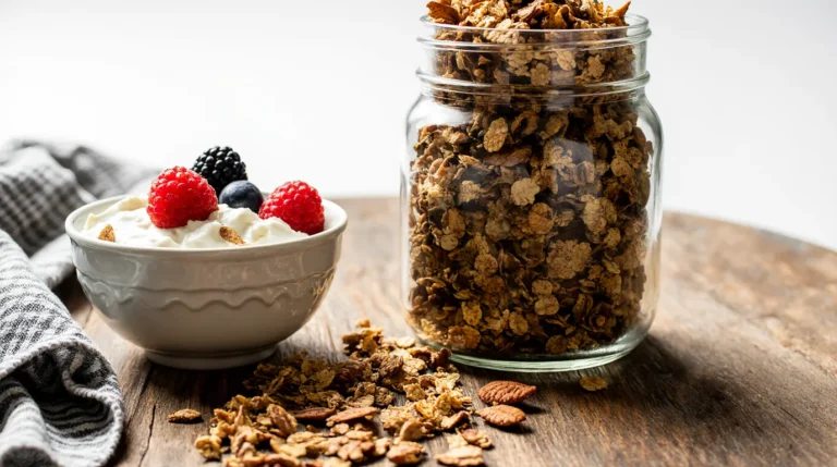 Glass jar filled with a clustery healthy granola recipe featuring oats, nuts, and seeds, served with yogurt and berries.