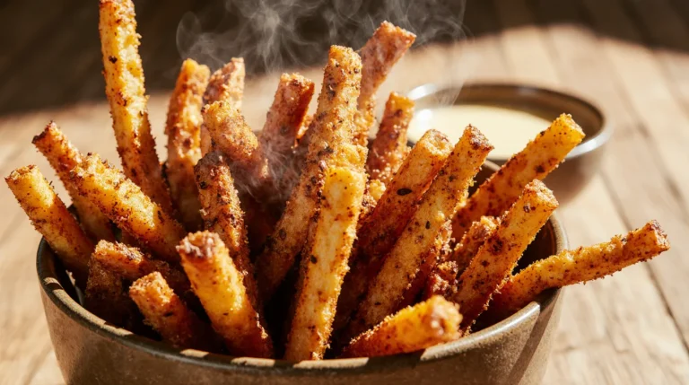 Close-up of golden seasoned french fries in a bowl, generously coated with homemade french fry seasoning for maximum flavor.