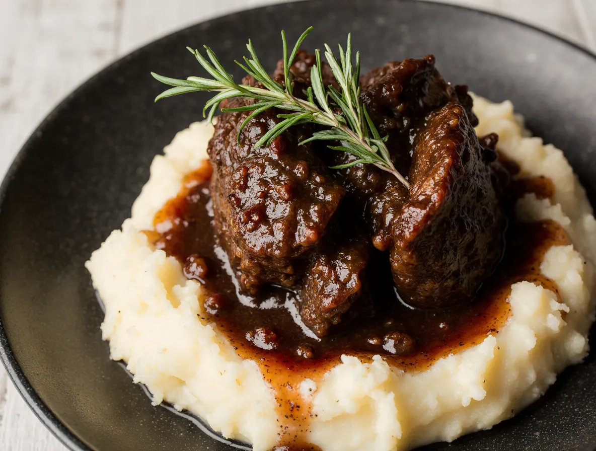 Slow-braised beef cheek meat served over creamy mashed potatoes, glistening with a rich, dark red wine sauce and garnished with fresh herbs.