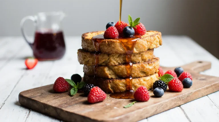 A towering stack of golden challah french toast generously drizzled with maple syrup and adorned with fresh berries, highlighting the perfect texture of this ultimate challah french toast recipe.