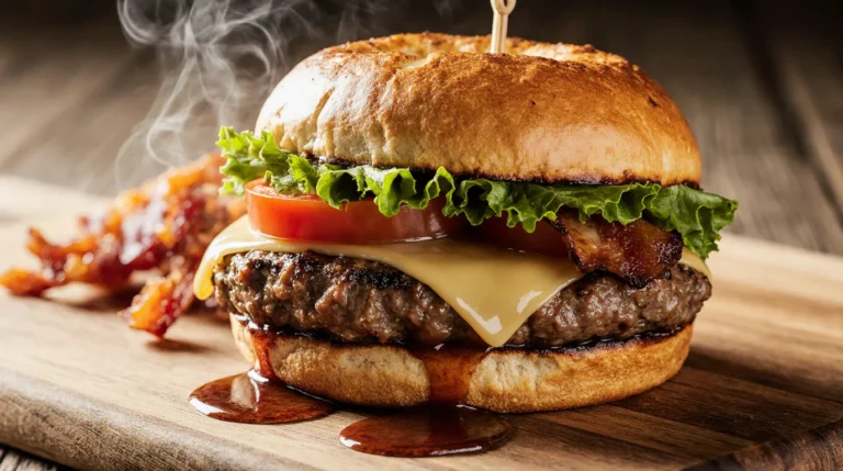 Juicy Wagyu Burger with melted cheddar, crispy bacon, and special sauce on a brioche bun, showcasing the perfect sear and marbling.