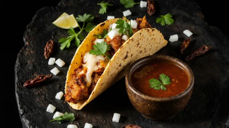 Crispy chicken birria tacos with melted cheese, dipped in a rich red consommé, garnished with cilantro and onion.