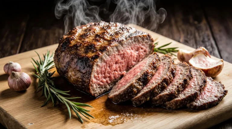 Perfectly cooked beef rump steak sliced against the grain, showcasing a dark, caramelized crust and a juicy, pink interior, resting on a wooden cutting board.