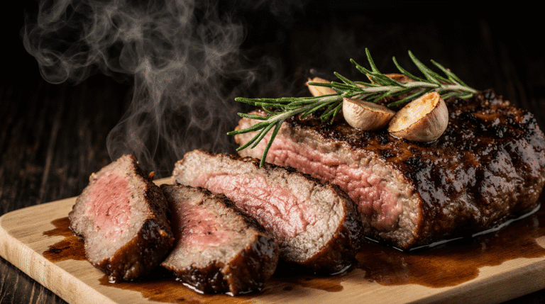 Perfectly cooked Denver steak sliced against the grain, revealing a juicy pink interior and a dark, flavorful crust, resting on a wooden cutting board.
