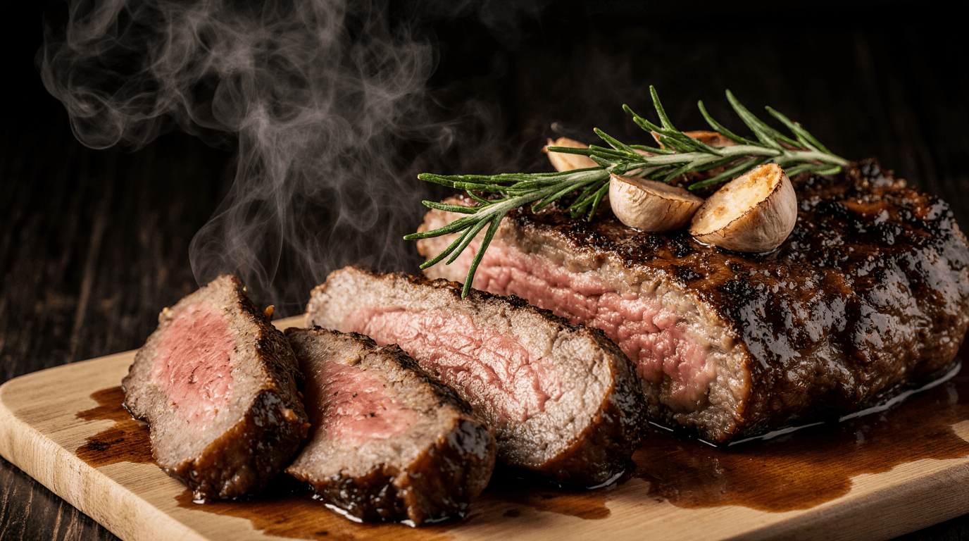 Perfectly cooked Denver steak sliced against the grain, revealing a juicy pink interior and a dark, flavorful crust, resting on a wooden cutting board.