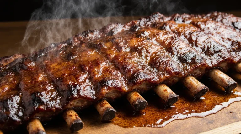 Smoked ribs recipe showing a perfect rack of St. Louis cut ribs with dark bark and glossy barbecue glaze.