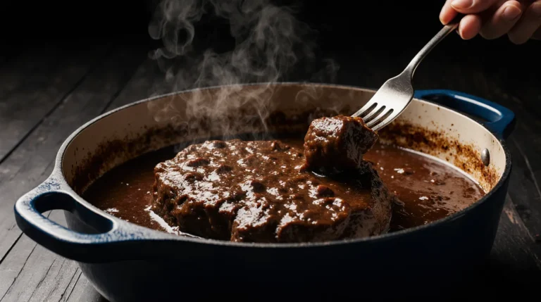 Perfectly cooked braising steak, pull-apart tender in a rich glossy sauce inside a Dutch oven, showcasing the ultimate result of slow-cooking.