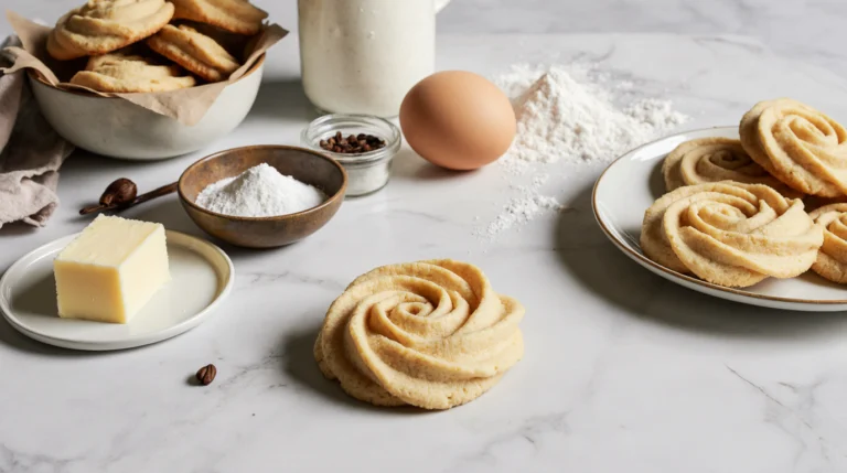 An elegant Danish butter cookie on marble, showcasing the melt-in-your-mouth perfection of a classic butter cookie recipe.