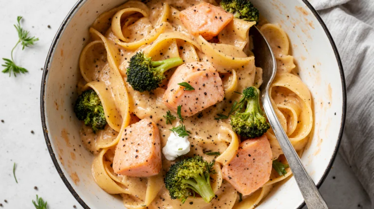 A delicious bowl of creamy salmon and broccoli pasta with penne, flaked salmon, and green broccoli florets.