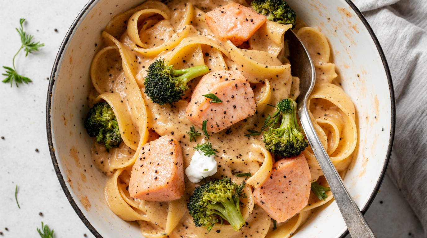 A delicious bowl of creamy salmon and broccoli pasta with penne, flaked salmon, and green broccoli florets.