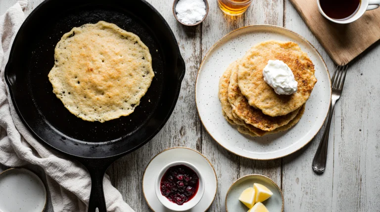 A golden-brown Swedish pancake recipe being cooked in a pan, served with lingonberry jam and powdered sugar on a rustic breakfast table.