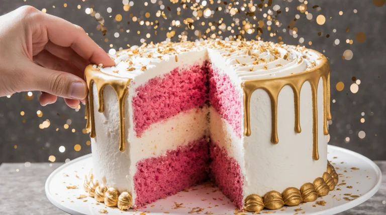 A gender reveal cake being cut open to reveal bright pink layers inside, with white and gold frosting and floating confetti.
