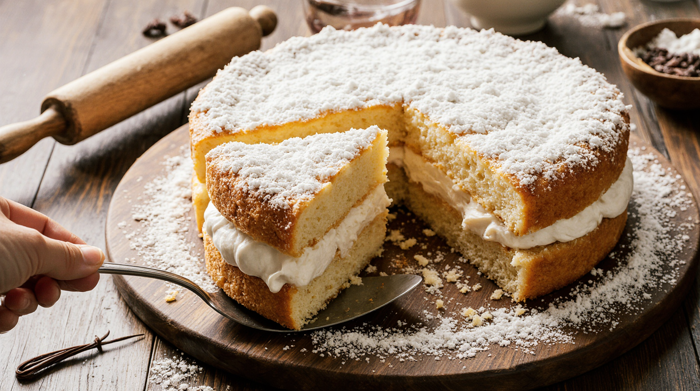 A perfect slice of homemade Napoleon cake with countless flaky puff pastry and vanilla cream layers, being cut on a wooden board.
