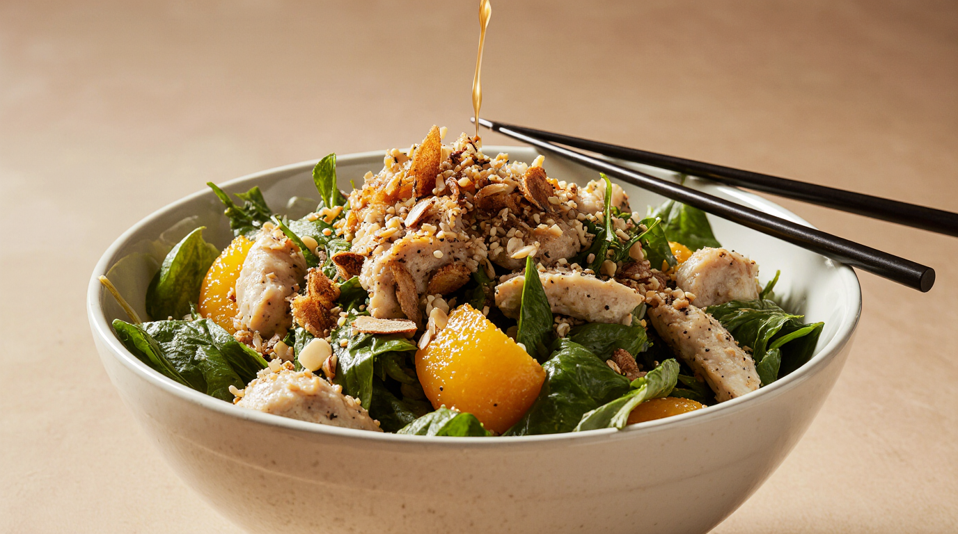 A colorful and crunchy Chinese chicken salad recipe in a bowl, featuring shredded chicken, Napa cabbage, mandarin oranges, almonds, and wonton strips.