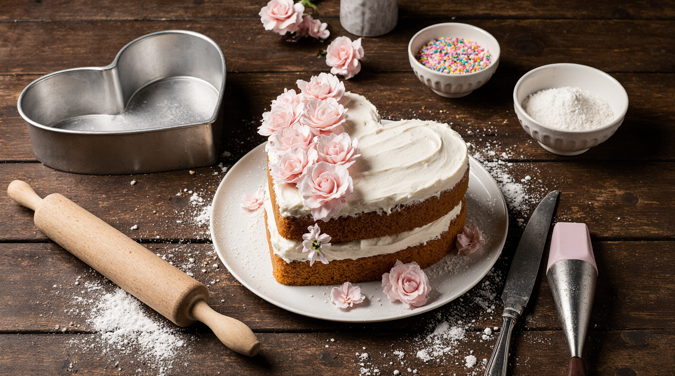 A beautiful heart shaped cake with white frosting and pink flowers next to baking tools on a wooden table.