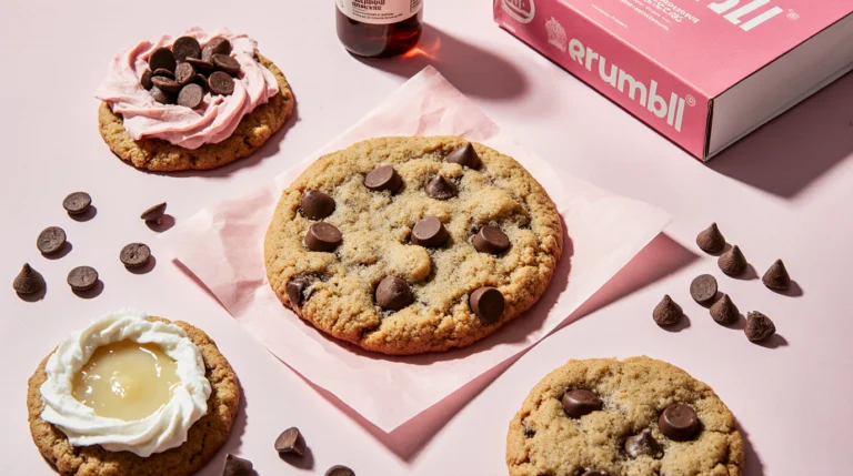 A flat-lay of giant homemade cookies from a crumbl cookie recipe: chocolate chip, pink sugar, and key lime pie.