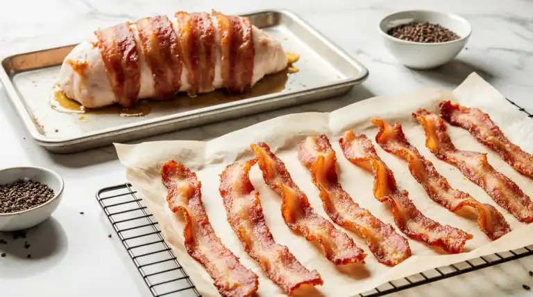 Perfectly cooked, crispy turkey bacon in oven on a wire rack, alongside a golden bacon-wrapped turkey breast, demonstrating the best oven-baking method.