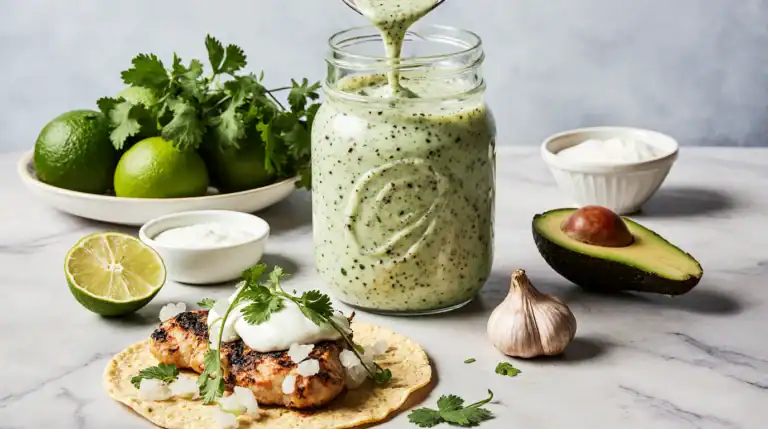 Vibrant, fresh cilantro lime sauce in a jar and drizzled over a grilled chicken taco, showcasing a creamy, zesty, and versatile green crema.