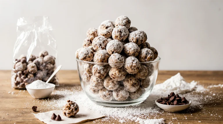 A close-up photo of the best homemade muddy buddy recipe, showing a large glass bowl filled with chocolate-peanut butter coated Chex cereal dusted in powdered sugar.