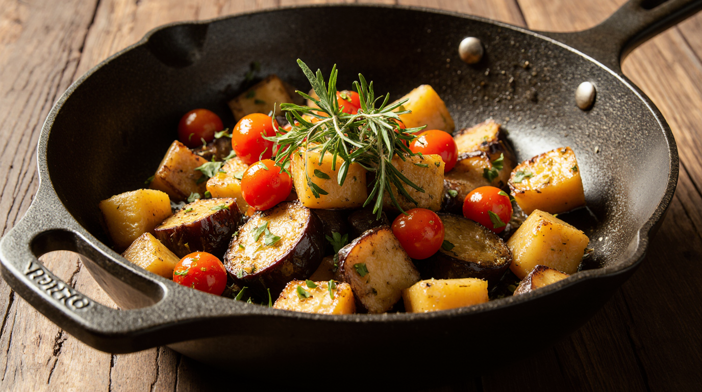 A skillet of golden brown and tender sauteed eggplant with cherry tomatoes and garlic, on a rustic wooden table.