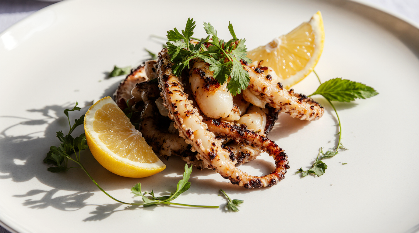 A close-up photo of perfectly grilled baby octopus, served on a white plate with lemon and fresh herbs.