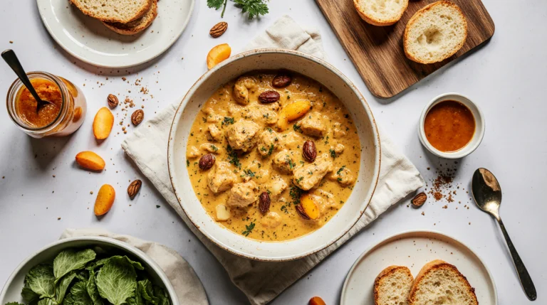 A vibrant bowl of homemade coronation chicken recipe, served with a baguette, jacket potato, and salad.