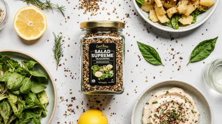 A jar of vibrant salad supreme seasoning surrounded by a fresh green salad, pasta salad, and dip, all topped with the seasoning.