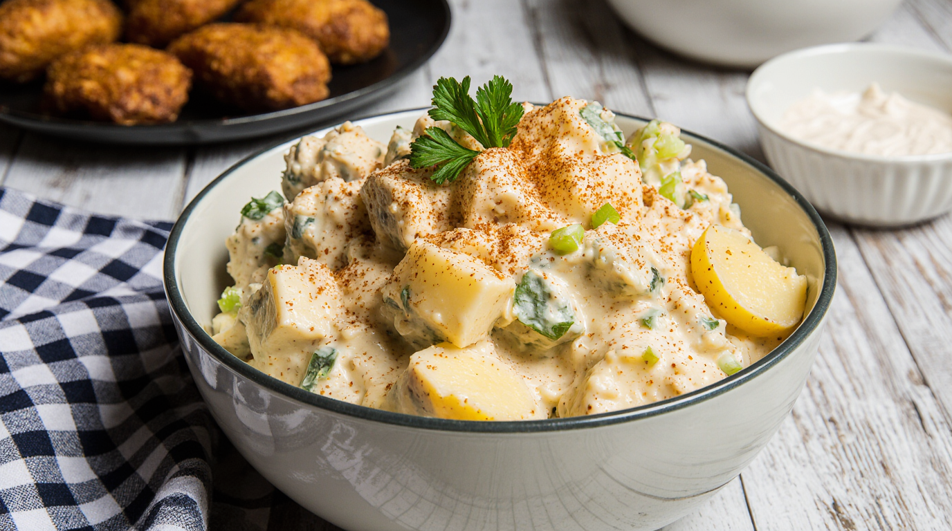 Creamy mustard potato salad recipe served in a white bowl, featuring golden potatoes, hard-boiled eggs, celery, and herbs, garnished with paprika.