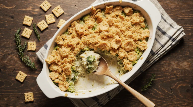 A golden-brown ritz cracker chicken casserole with broccoli, straight from the oven in a baking dish.