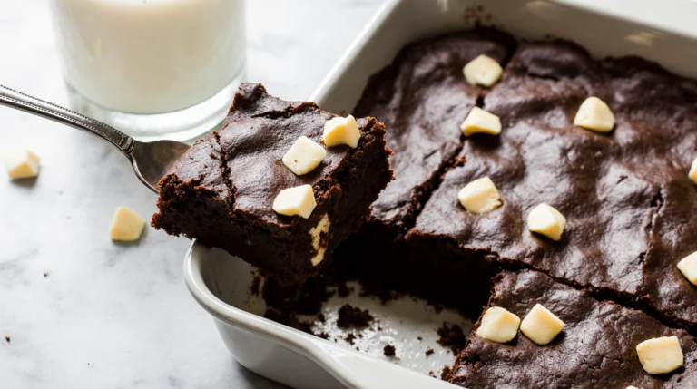 A close-up of a pan of freshly baked gooey brownie recipe, showing a glossy crackled top and a rich, fudgy interior.