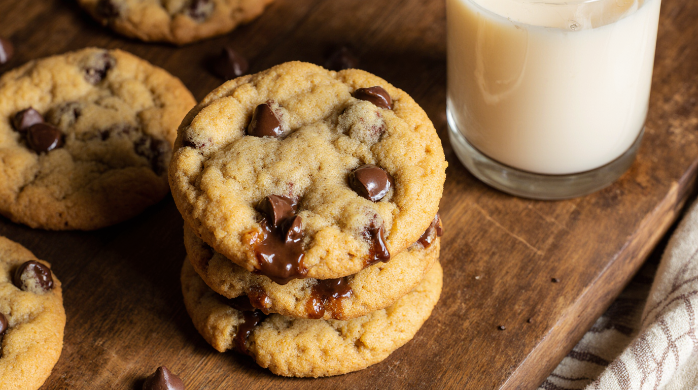 A delicious stack of three warm, gooey cookies from the classic Toll House chocolate chip cookie recipe, served with a glass of milk.