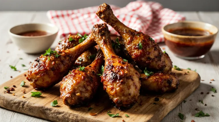 Close-up view of sticky, crispy bbq chicken drumsticks in oven, perfectly caramelized and garnished with fresh parsley on a rustic wooden serving board.