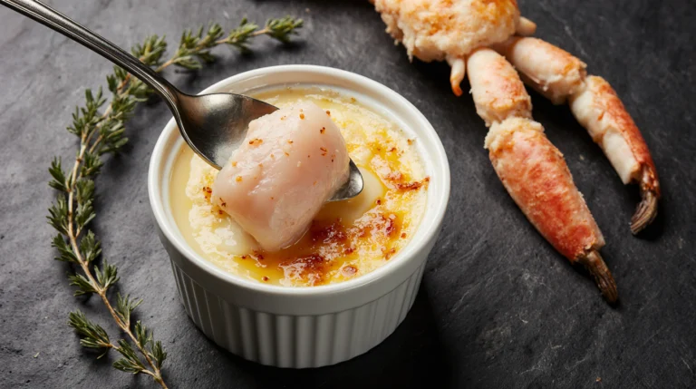 A close-up photo of the finished savory crab brulee recipe, showing a spoon cracking the golden torched crust to reveal creamy custard and lump crab meat.