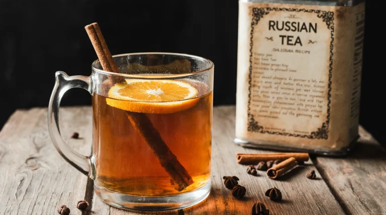 A steaming mug of classic Russian tea made from a powdered mix, garnished with a cinnamon stick and orange slice, showcasing the final result of this easy russian tea recipe.