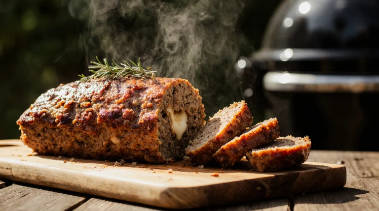 Sliced smoked meatloaf recipe with a sticky BBQ glaze, oozing melted cheese, served on a wooden cutting board with a smoker in the background.